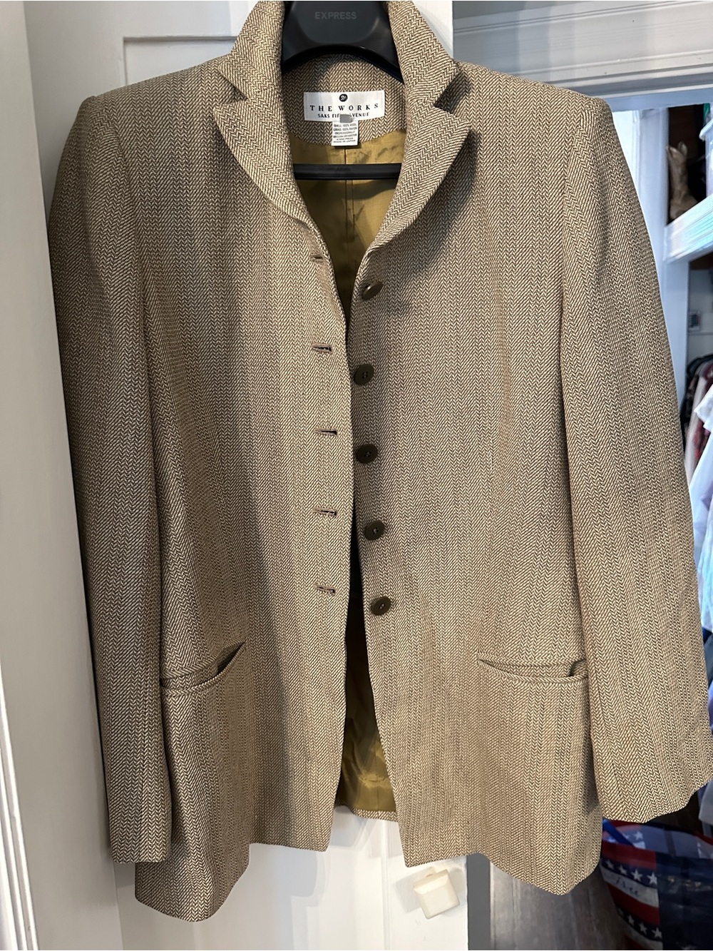 Saks Fifth Avenue Wool Taupe Herringbone Blazer
